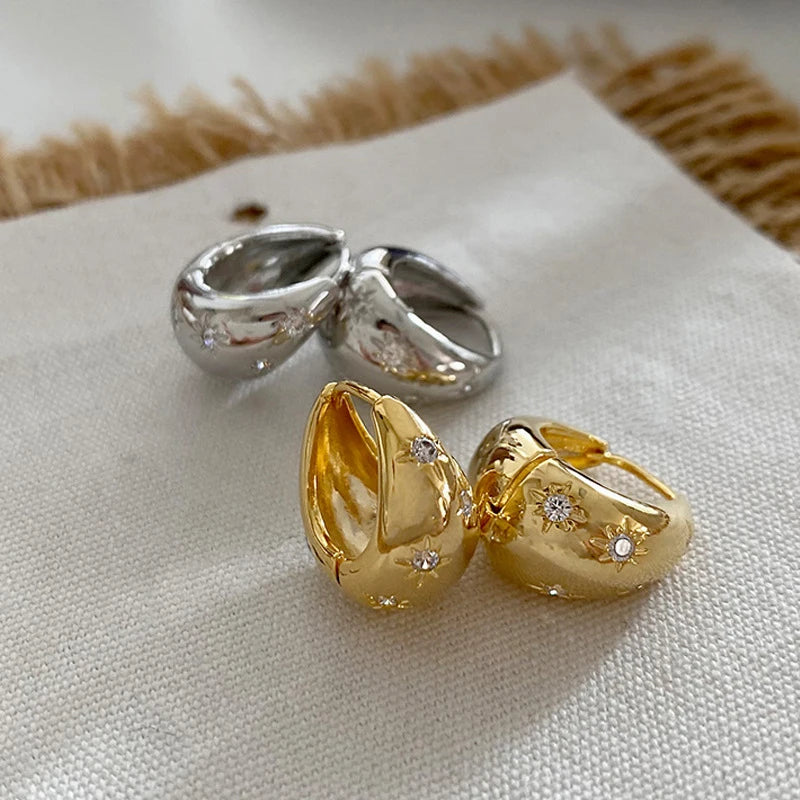 Stainless Steel Smooth Star Zircon Hoop Earrings for Women