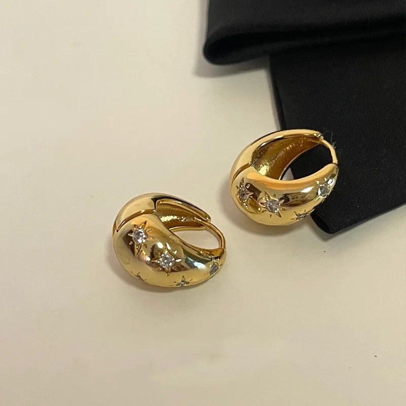 Stainless Steel Smooth Star Zircon Hoop Earrings for Women