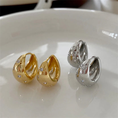 Stainless Steel Smooth Star Zircon Hoop Earrings for Women